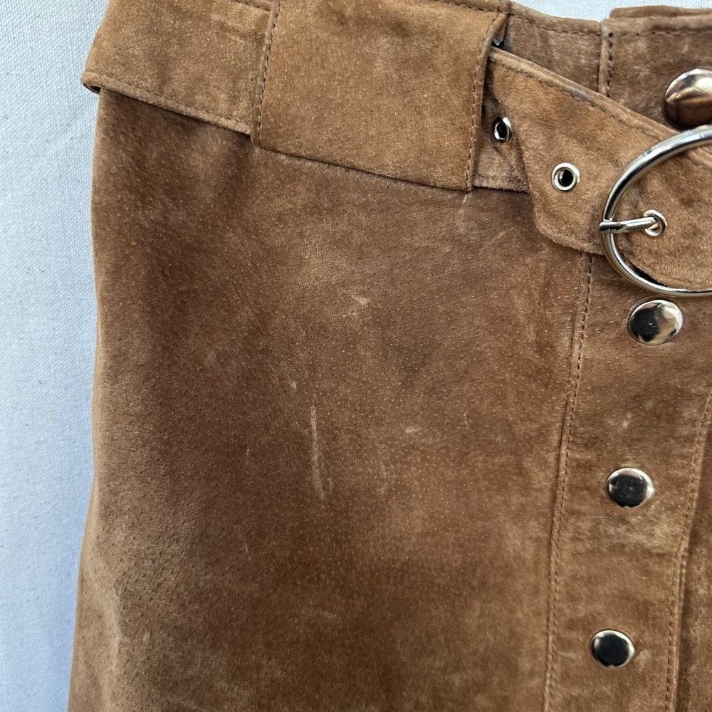 ZARA WOMAN Brown Suede Leather A Line Snap Front Belted Mini Skirt S 90s Biker - Picture 7 of 10